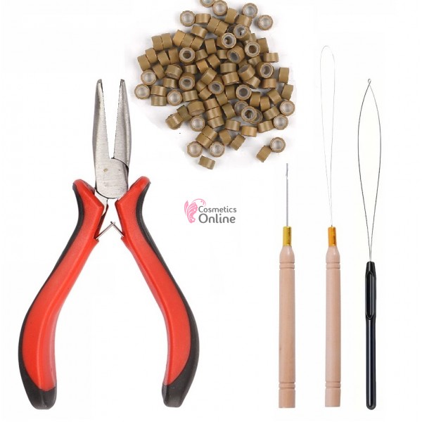 Set pentru extensii de par cu cleste SMR04G, 100 microring si accesorii, Blond Ash